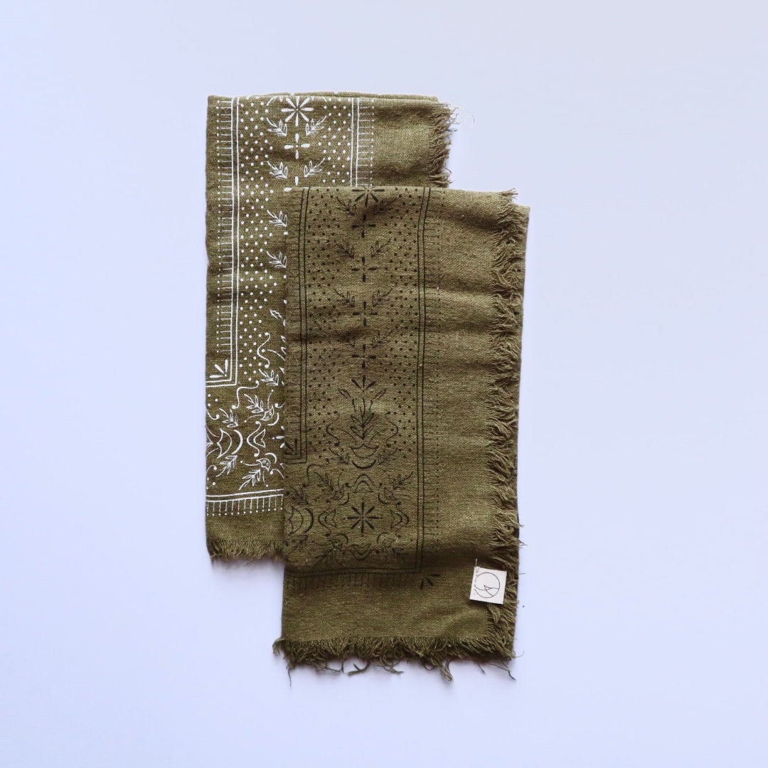 Patterned | ink Green Silk RAW ECO Bandana/scarf- Classic White Olive Raw STUDIO