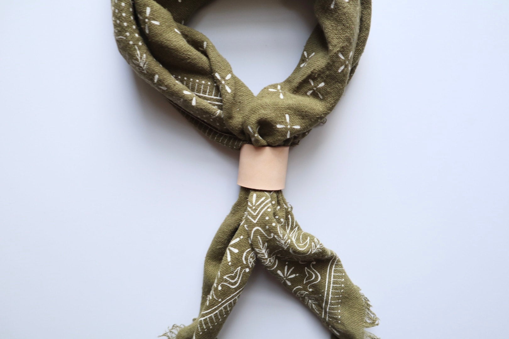 Olive Green Classic Patterned Silk ink Raw Bandana/scarf- White | STUDIO ECO RAW